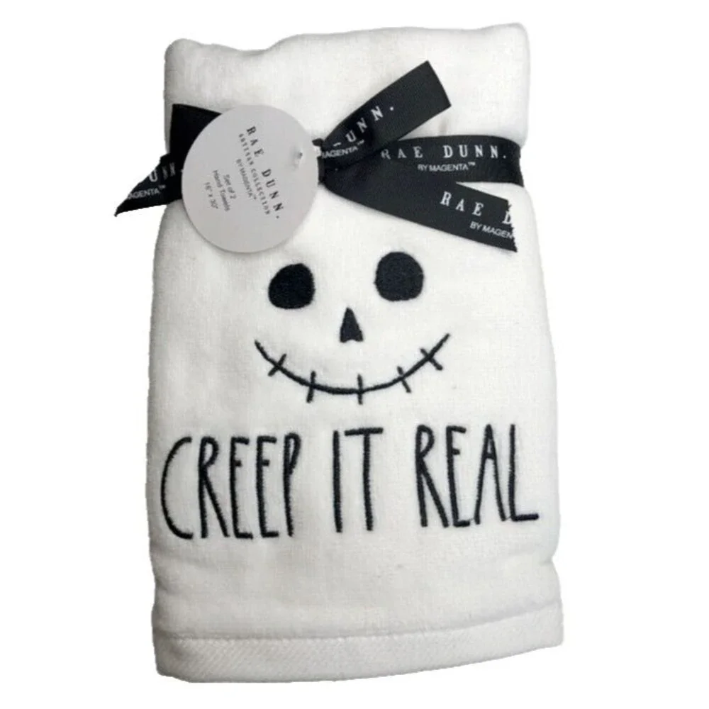 Rae Dunn Halloween Hand Towels Set of 2 Creep It Real Skull Embroidered White